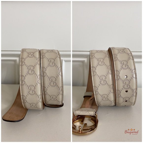 Authentic Gucci Cream Guccissima Leather Gold Interlocking G Buckle Belt 80/32 - Picture 8 of 13